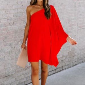 SIDE TO SIDE ONE SHOULDER STATEMENT DRESS - TOMATO RED